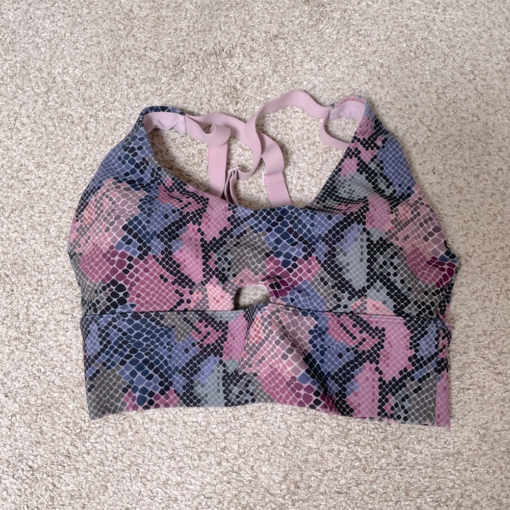 Lorna Jane snakeskin longline sports bra crop top removable padding small purple